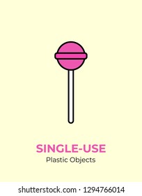 Colorful lollipop with single-use plastic stick. Vector illustration of recycling plastic item. Food plastic stick flat logo for ecological poster, postcard, banner, pollution environment concept.