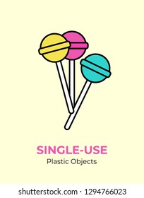 Colorful lollipop with single-use plastic stick. Vector illustration of recycling plastic item. Food plastic stick flat logo for ecological poster, postcard, banner, pollution environment concept.