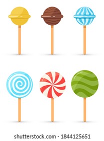 Colorful lollipop sweet, candies. Cartoon candy stick round. Sweets on stick icon on white background. Sweets and candies conception. Vector illustration