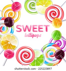 Colorful lollipops background. Different sweets. Spiral and round candies on sticks.