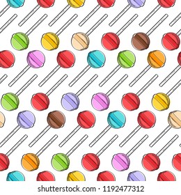 Colorful lollipops background. Colorful sweets seamless vector pattern. Sketch style.