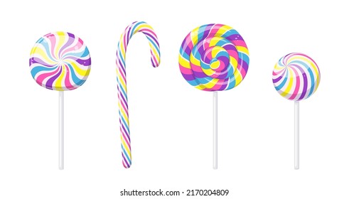 Colorful lollipops, candy cane and caramel on stick. Vector cartoon set of round hard sugar candies and twisted suckers with swirls, spiral stripes isolated on white background