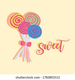Colorful lollipops candy sweet tied with a ribbon on a bow. vector illustration. sweet card.