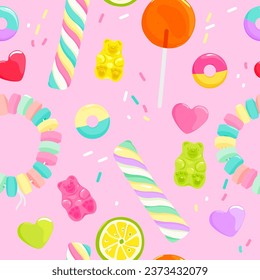 Colorful lollipops, gummy and jelly candy bears background. Seamless pattern. Vector illustration