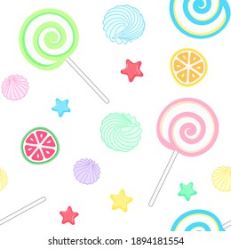 Colorful lollipops, meringues, marmalade and candy on a white background. Vector seamless pattern for bakery, cafe, sweet shop, pastry shop, confectionery, wrapping paper, packaging, wrapper and menu