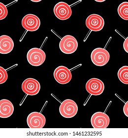 Colorful lollipops on black background in flat style design. Seamless background with cute candy.