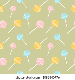 Colorful lollipops on pastel background in flat style design. Seamless background with candy, minimalism concept. Vector set of colored lollipops.