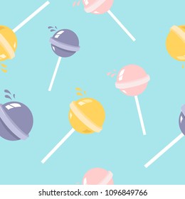 Colorful lollipops on pastel background in flat style design. Seamless background with candy, minimalism concept. Vector set of colored lollipops.