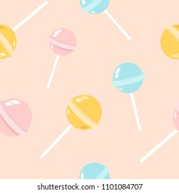 Colorful lollipops on pastel background in flat style design. Seamless background with candy, minimalism concept. Vector set of colored lollipops.