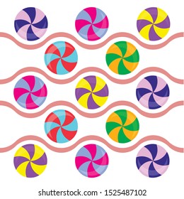 Colorful lollipops on pastel background in flat style design. Vector background cute candy