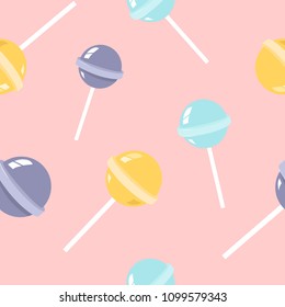 Colorful lollipops on pink background in flat style design. Seamless background with candy, minimalism concept. 