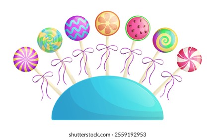 Colorful lollipops on a stick in a stand . The concept of sweet dishes, desserts and confectionery. Vector illustration on a white background for a poster, banner, postcard, advertisement.