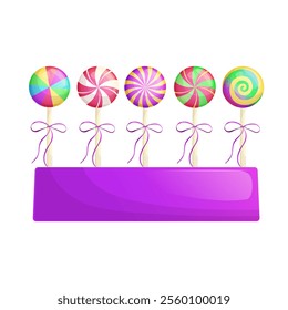 Colorful lollipops on a stick in a stand . The concept of sweet dishes, desserts and confectionery. Vector illustration on a white background for a poster, banner, postcard, advertisement.