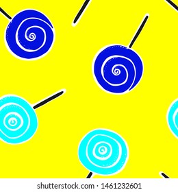 Colorful lollipops on yellow background in flat style design. Seamless background with cute candy.