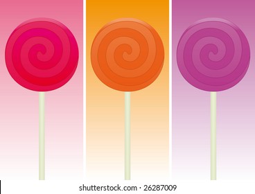 Colorful Lollipops over different color backgrounds. Vector illustration.