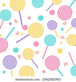 Colorful lollipops seamless pattern. Lollipops cartoon with heart decoration