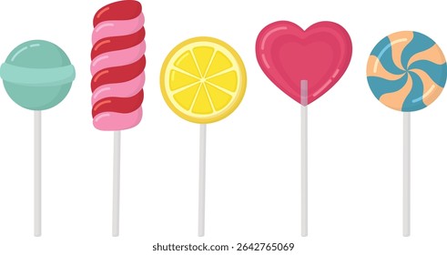 Colorful lollipops of various shapes isolated on white background. Set of sweet candies on stick