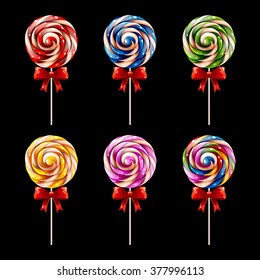 Colorful Lollipops. Watercolor Shaped Lollipop. Lollipops with red ribbon. Sweet candy lollipops on background. Round candy. Vector illustration