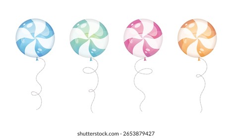 Colorful lollipop-style balloons set. Blue, green, pink, and orange party balloons with swirls, gradients and highlights. Vector elements for birthday design, party invitations, and festive decor.