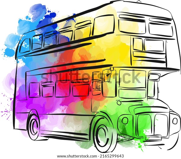 Colorful London Bus. Real drawing by hand. Colorful\
vector sign.