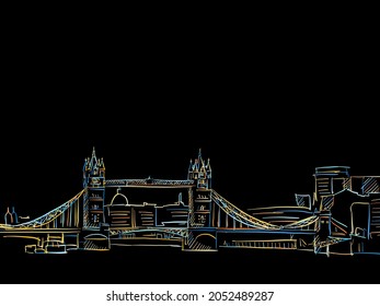 Colorful London Skyline Drawing On Black. Well Crafted Vector Sketch Für Private And Commercial Use.