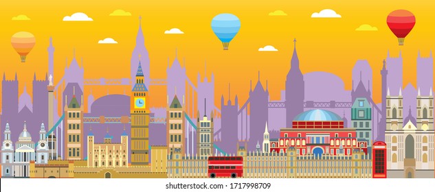 Colorful London skyline travel illustration. Design with isolated London city landmarks, english tourism and journey vector background for print, t-shirt, souvenirs. Worldwide traveling concept. 