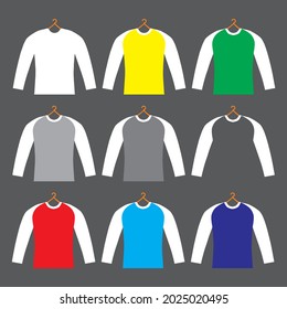 Colorful long sleeve t-shirt designs and patterns, along with hangers. This vector design is very easy to re-edit according to our wishes.