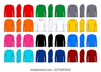 Colorful long sleeve t-shirt template, front, side and back view