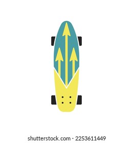 Colorful longboard design with arrows vector illustration. Urban street sport board equipment isolated on white background. Teenage leisure activity, freestyle concept