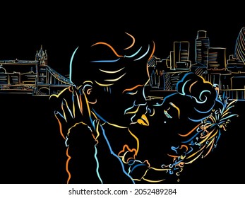 Colorful Lonodn Skyline Honeymoon on black. Well crafted vector sketch für private and commercial use.