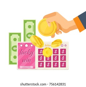 Colorful lottery tickets, entertainment program. Gambling, money making, roulette, finances, raffle of random numbers. Winning in lottery ticket, luck, cash prize, lucky ticket Vector illustration