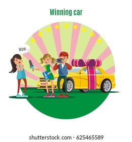 Colorful lottery winner concept with reporters interviewing happy girl winning new car vector illustration