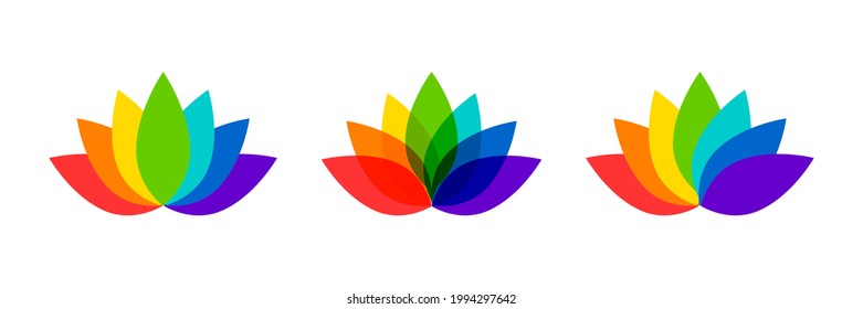 Colorful lotus flower icons. Water lily in bloom, icon set made of rainbow colors.