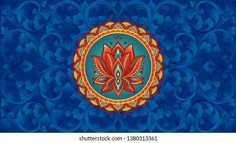 Colorful Lotus Flower Mandala With Blue Vines And Flourishes Background Ornament