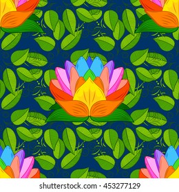 Colorful lotus flowers. Seamless background. Vector illustration.