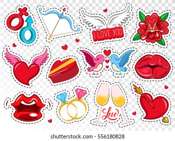 Colorful love badges set of romantic amorous patches and stickers in pop art style isolated vector illustration