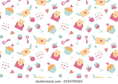 Colorful love and celebration pattern with hearts, envelopes, and wine glasses.