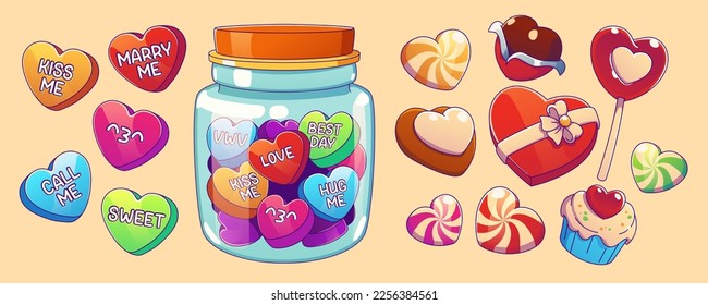 Colorful love conversation candies isolated on background. Vector contemporary illustration of heart sweets in glass jar, delicious lollipop, nice chocolate dessert, muffin, cookies. Romantic gift