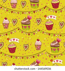 colorful love cupcakes, seamless background, vector illustration, eps 10