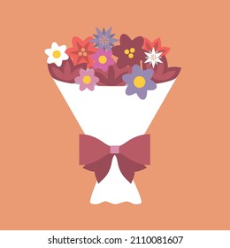 Colorful Love or Friendship Gift icon for St. Valentine's Celebrations. Multicolor Bouquet with Bow, in a Wrapped Flower Bouquet icon, part of a set.