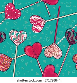 Colorful Love / Heart Shaped Lollipop Candy Seamless Pattern For Valentine's Day