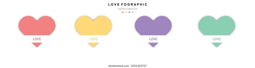 infográfico de amor colorido com quatro formas de coração em vermelho, amarelo, roxo e verde, cada um rotulado com a palavra AMOR. Este design evoca sentimentos de afeto e calor.