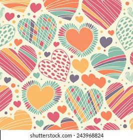 Colorful love ornamental pattern with hearts. Seamless scribble background. Bright fabric texture with many romantic details