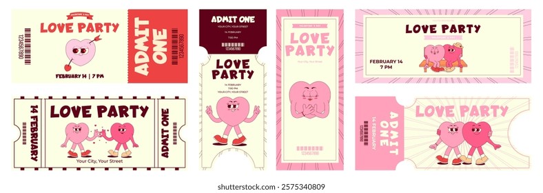Colorful love party ticket set. Cute heart character in retro groovy style. Details events, barcode, date, time. Valentines day, February 14. Horizontal and vertical vector illustration
