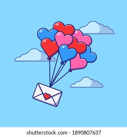 A Colorful Love Shaped Balloons Lift Up a Letter or Message with Hearts Shaped. Gift Icon Concept for Greeting or Invitation Card for a Holiday. Flat Cartoon Vector Illustration Isolated.