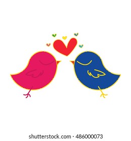 colorful love shapes between a couple of birds in pink and blue with yellow stroke about to kiss