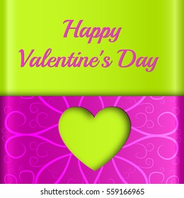Colorful love template with green heart cut out from purple ornate paper background vector illustration
