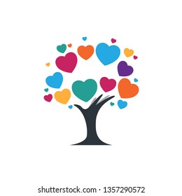 Colorful love, tree with hand abstract concept logo for creative - vector