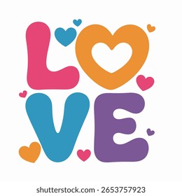 Tipografia de amor colorida com formas de coração, Ilustração de vetor estilo de desenhos animados bonito para o dia dos namorados, Romance, casamento, cartão de saudação, cartaz, design infantil.