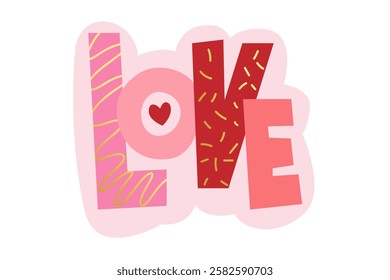 Colorful love typography with heart symbol in pink and red tones. Valentine's Day sticker illustration for cards and designs.